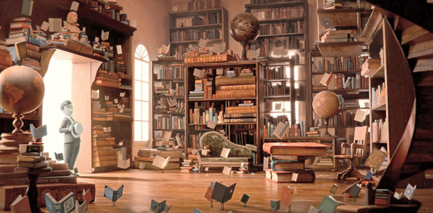 Screenshot from movie Lessmore; flying books