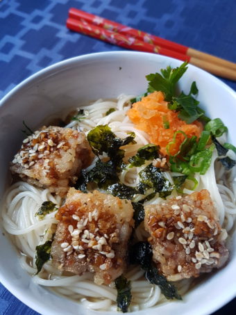 Smoked Salmon Ricecakes with Carrot Compliment' and Soba Noodles
