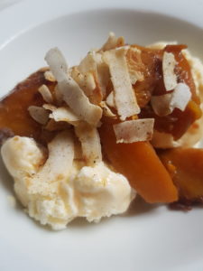 Ice Cream with Sweet Boubron Braised Peaches and Toasted Coconut