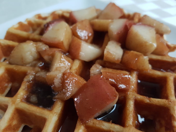 Bourbon and Maple Candied Pears and Syrup over Waffles