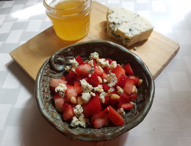 Strawberries, Pine Nuts, and Honey with Blue Cheese