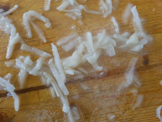 Close up of the starch from the shredded potatoes
