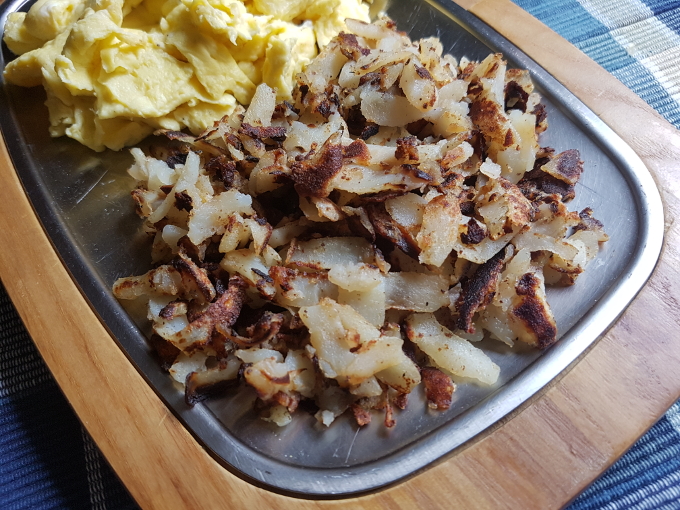 Hash browns and scrambled eggs