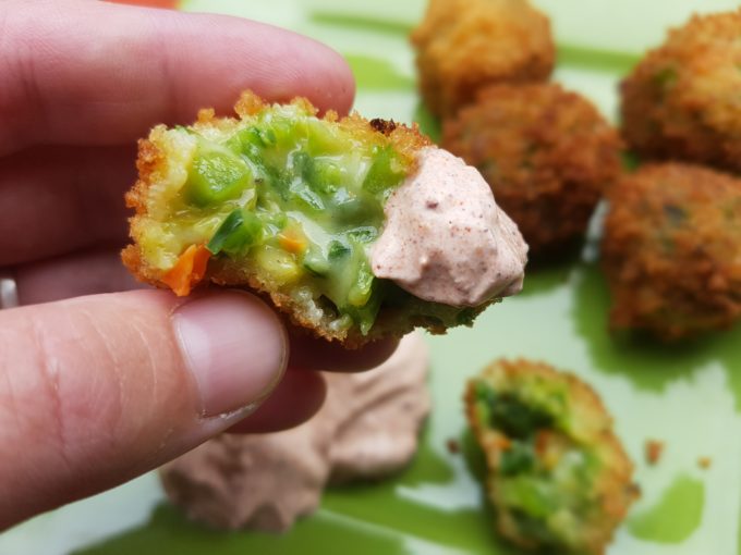 Inside Crunchy two-bite chili pepper balls with Achiote Dry Rub Dip